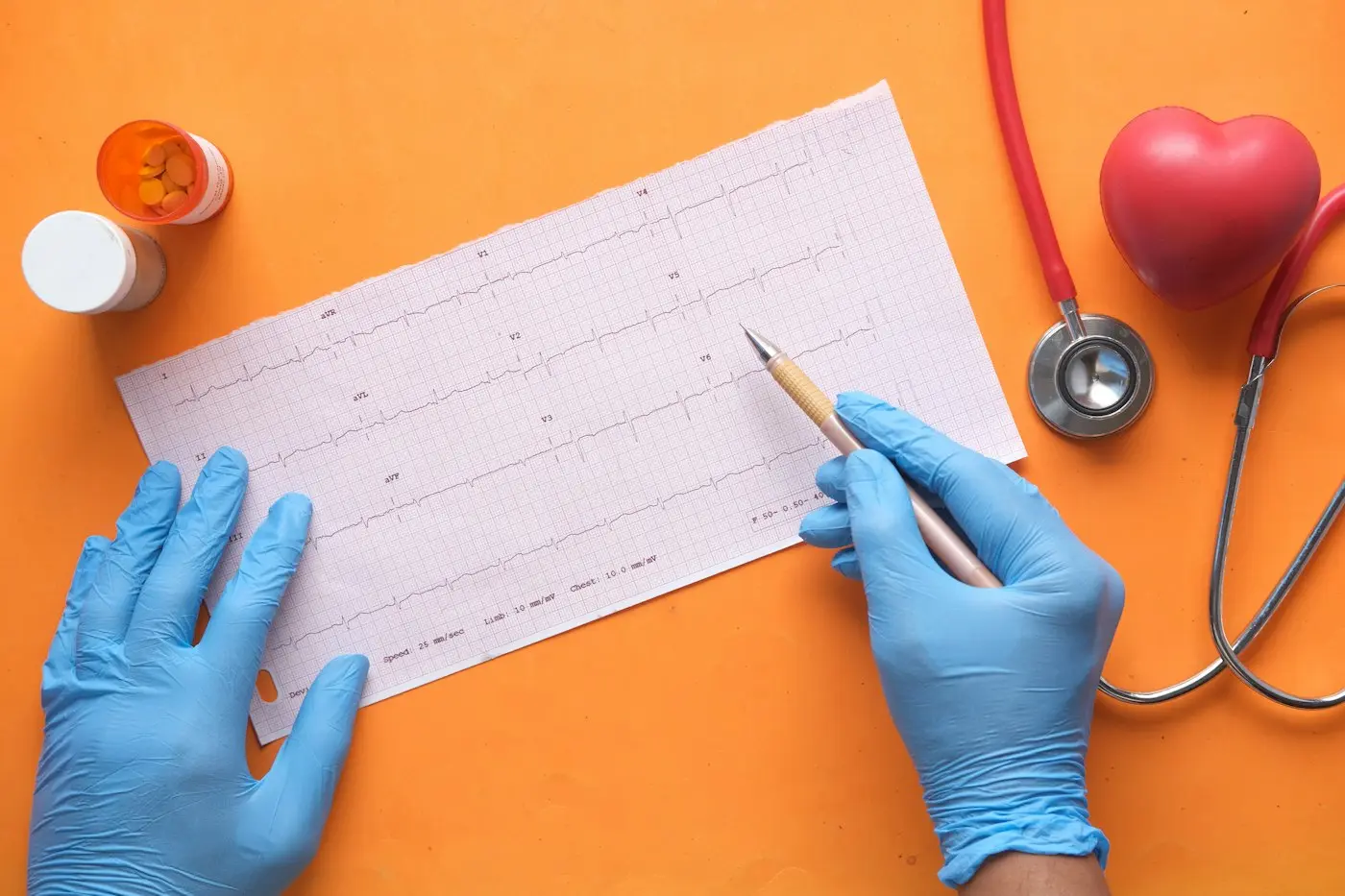 Stock photo of gloved hands holding an ECG tracing. Not Varghese Babu.